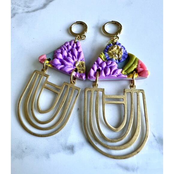 Handmade Polymer Clay Earrings Handcrafted Artwork Floral - Picture 4 of 6